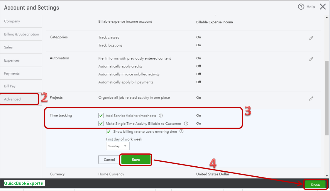 Timesheet options and fields in Quickbooks